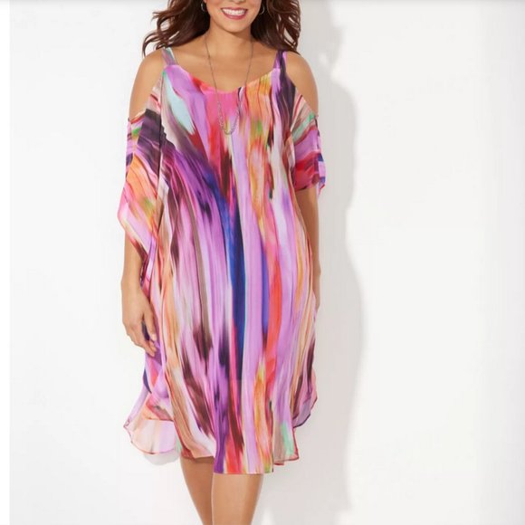 Catherines Dresses & Skirts - New Catherines Chiffon Open Shoulder Abstract Print Layered Dress